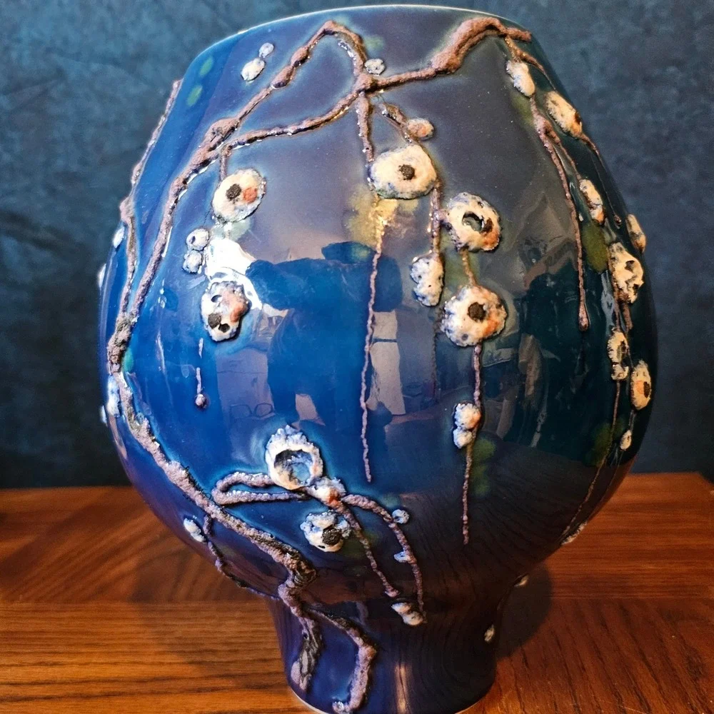 Vintage Italian Art Pottery Vase Cobalt Blue Textured Floral 184/1127 Italy 9in